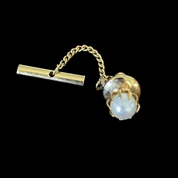 Vintage Other - Vintage Tie Tack Pin With Chain Gold Tone White Round Faux Pearl